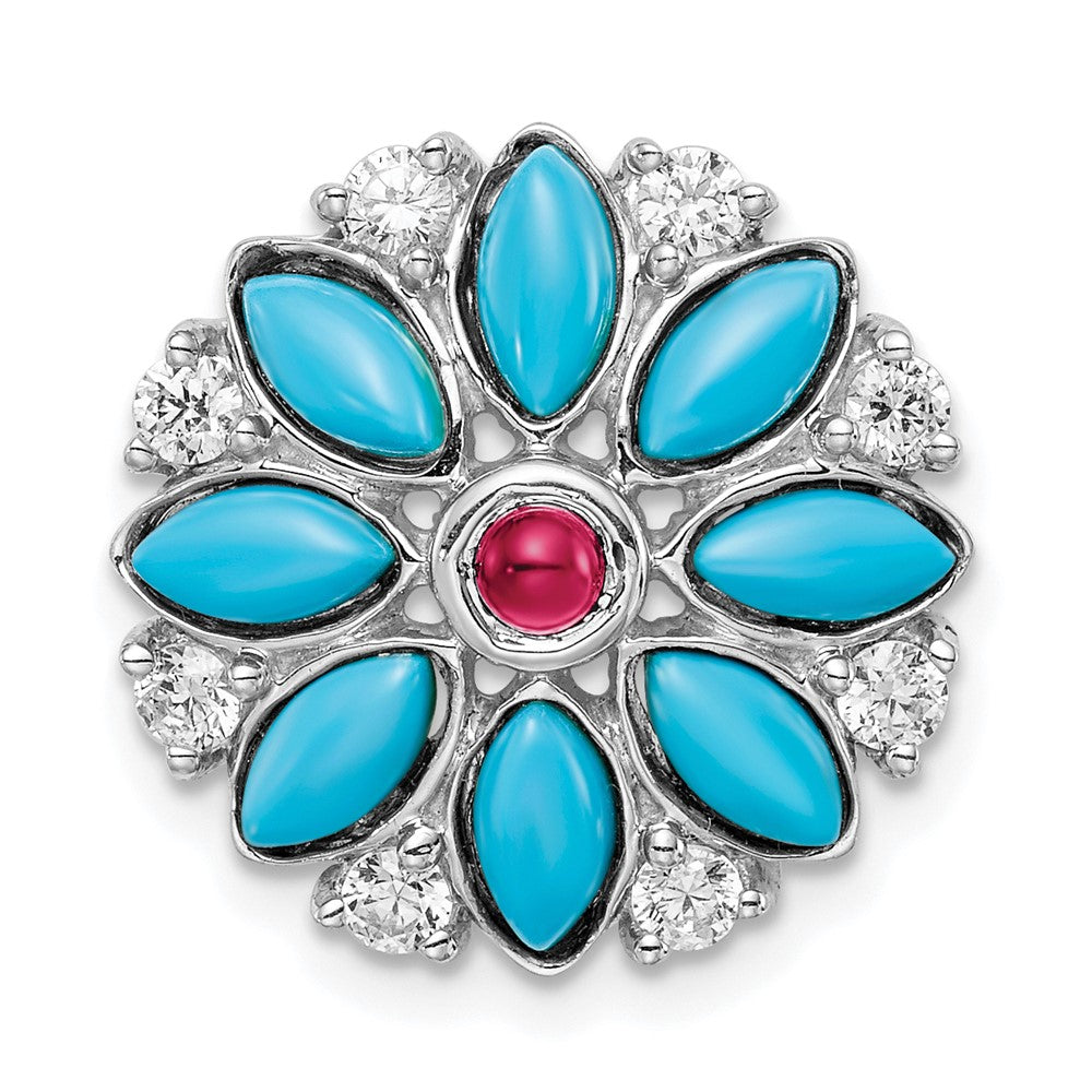 14K Weißgold Türkis/creat. Rubin/white Topas Blumen Kette Anhänger