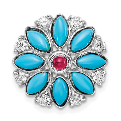 14K Weißgold Türkis/creat. Rubin/white Topas Blumen Kette Anhänger