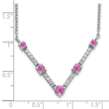 14K Weißgold 1/10 Ct. Im Labor Gezüchtet Diamant Vs/si+ G+ und Im Labor Erzeugt Rosa Saphir 18 Zoll Halskette