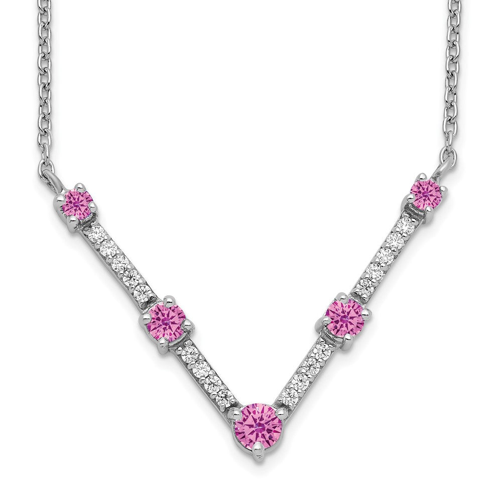 14K Weißgold 1/10 Ct. Im Labor Gezüchtet Diamant Vs/si+ G+ und Im Labor Erzeugt Rosa Saphir 18 Zoll Halskette
