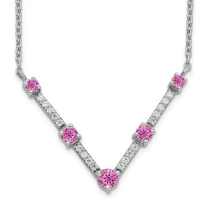 14K Weißgold 1/10 Ct. Im Labor Gezüchtet Diamant Vs/si+ G+ und Im Labor Erzeugt Rosa Saphir 18 Zoll Halskette