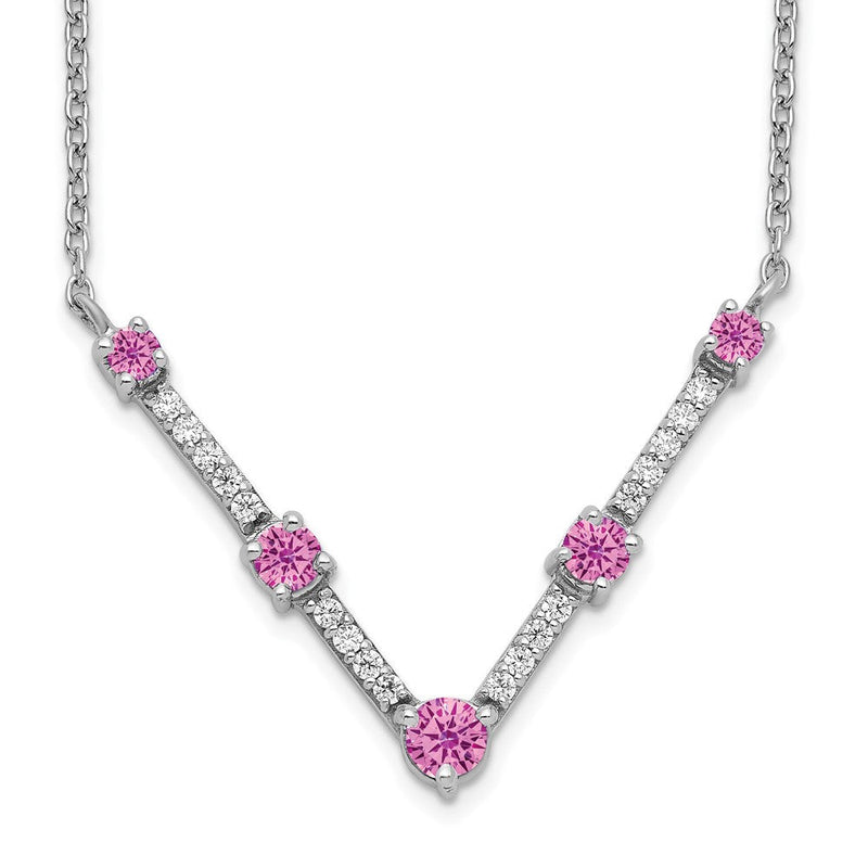 14K Weißgold 1/10 Ct. Im Labor Gezüchtet Diamant Vs/si+ G+ und Im Labor Erzeugt Rosa Saphir 18 Zoll Halskette