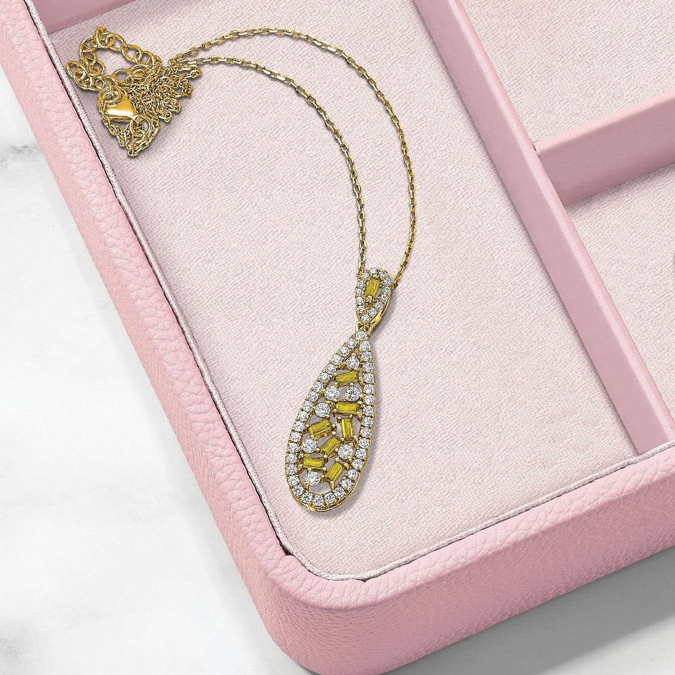14K Gelbgold Weiß 0,875 ct. Laborgezüchteter Diamant VS/SI+ G+ und Laborgezüchteter Saphir Ketten-Gleitanhänger