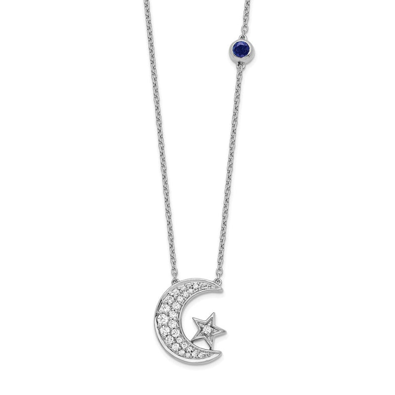 14K Weißgold 1/5 Ct. Im Labor Gezüchtet Diamant Vs/si+ G+ Mond und Stern mit Erzeugt Saphir Akzente 18 Zoll Halskette