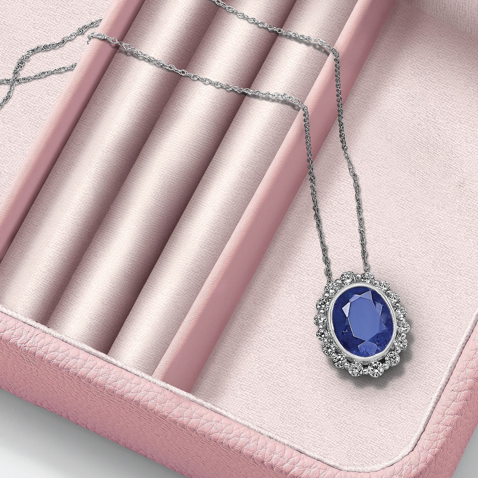 14K Weißgold 0,5 ct. Laborgezüchteter Diamant VS/SI und Ovaler Laborgezüchteter Blauer Saphir Halo-Kettengleitanhänger