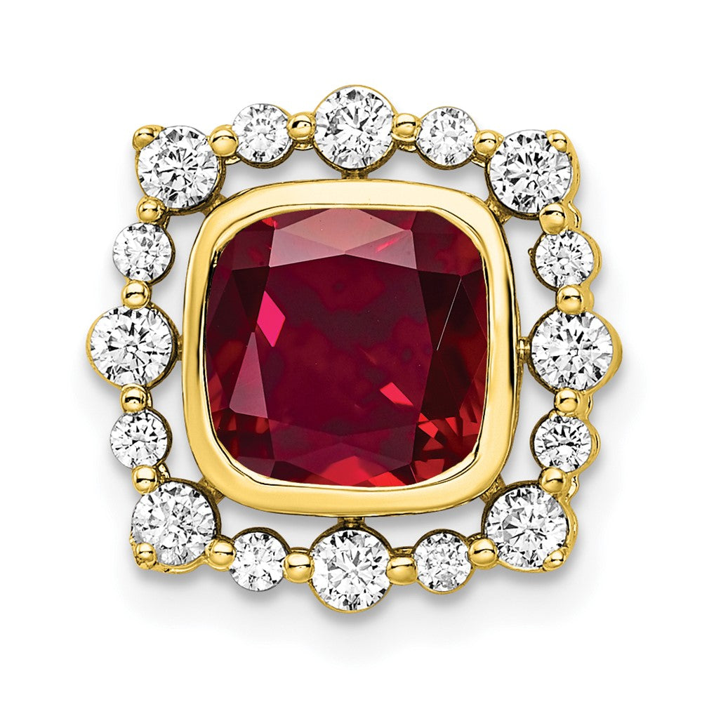 14K Gelbgold Gleitanhänger an Kette mit 0,5 ct. im Labor gezüchtetem Diamant VS/SI+ G+ und im Labor gezüchtetem, quadratischem Rubin