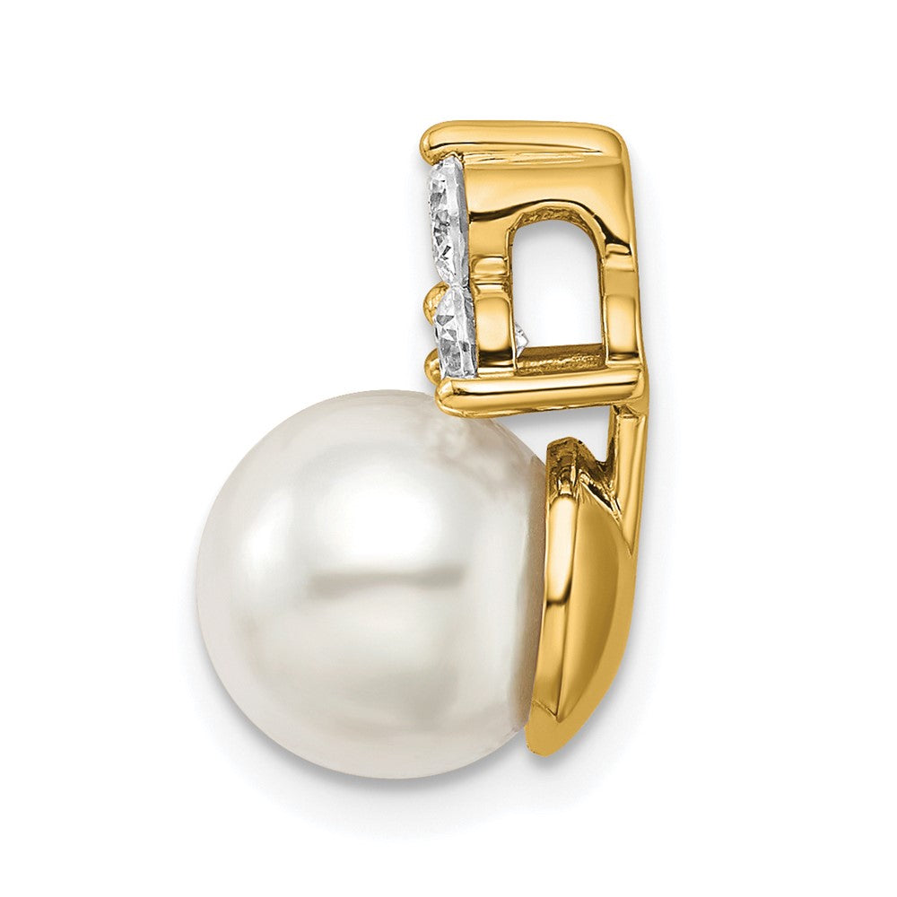 14K Gelbgold Gleitanhänger mit 0,375 ct. Labor-gezüchtetem Diamant VS/SI+ G+ und 9,00 mm Süßwasser-Zuchtperle an Kette