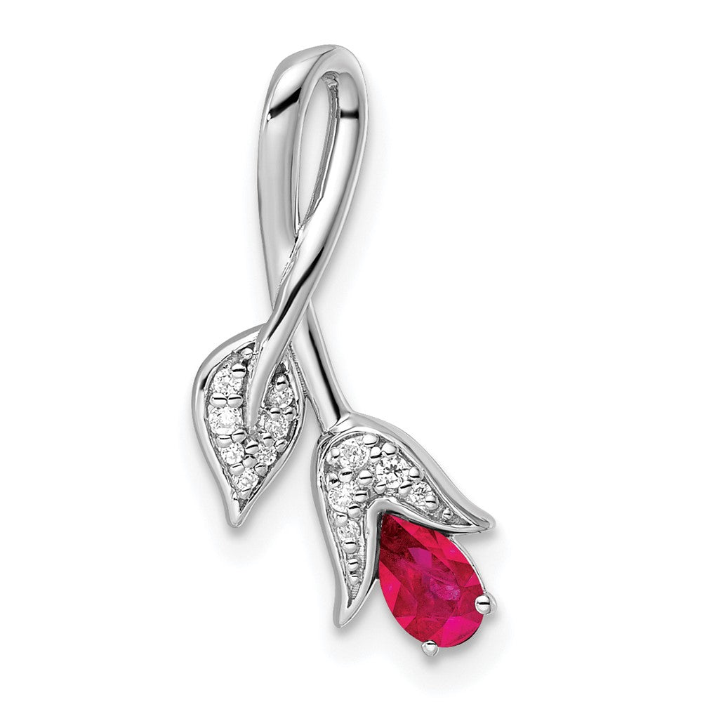 14K Weißgold Rubin und Echt Diamant Blumen Kette Anhänger