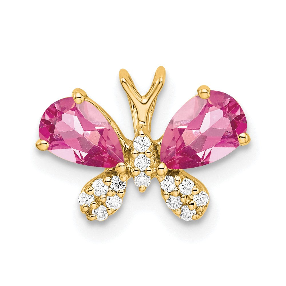 14K Gelbgold Rosa Turmalin & Diamant Schmetterling Kette Anhänger