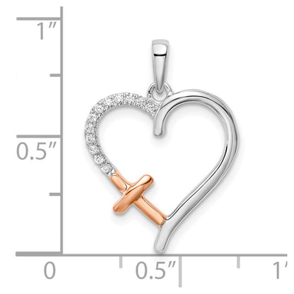 14K Weiß-Rosé-Bicolor-Gold Herz-Anhänger mit Kreuz und echtem Diamant