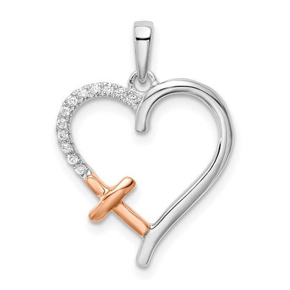 14K Weiß-Rosé-Bicolor-Gold Herz-Anhänger mit Kreuz und echtem Diamant