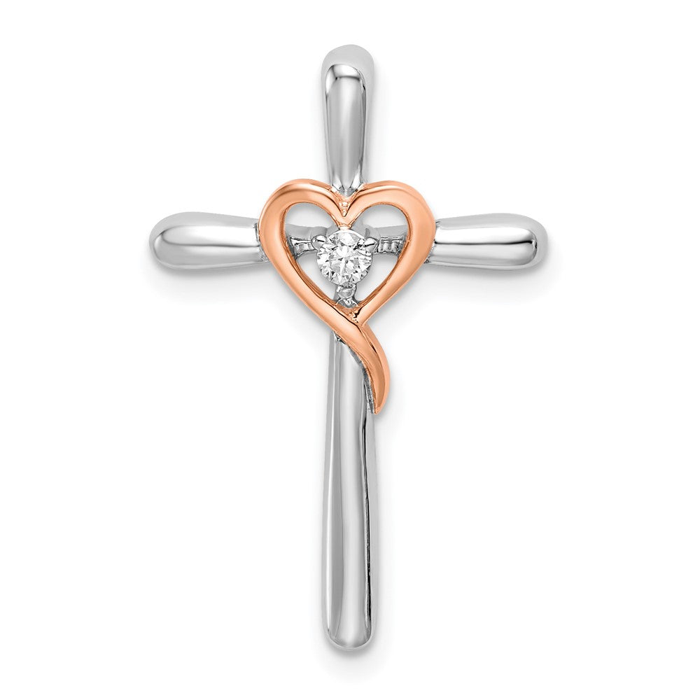14K Bicolor Gold Weiß & Rose Kreuz mit Herz Echt Diamant Kette Anhänger