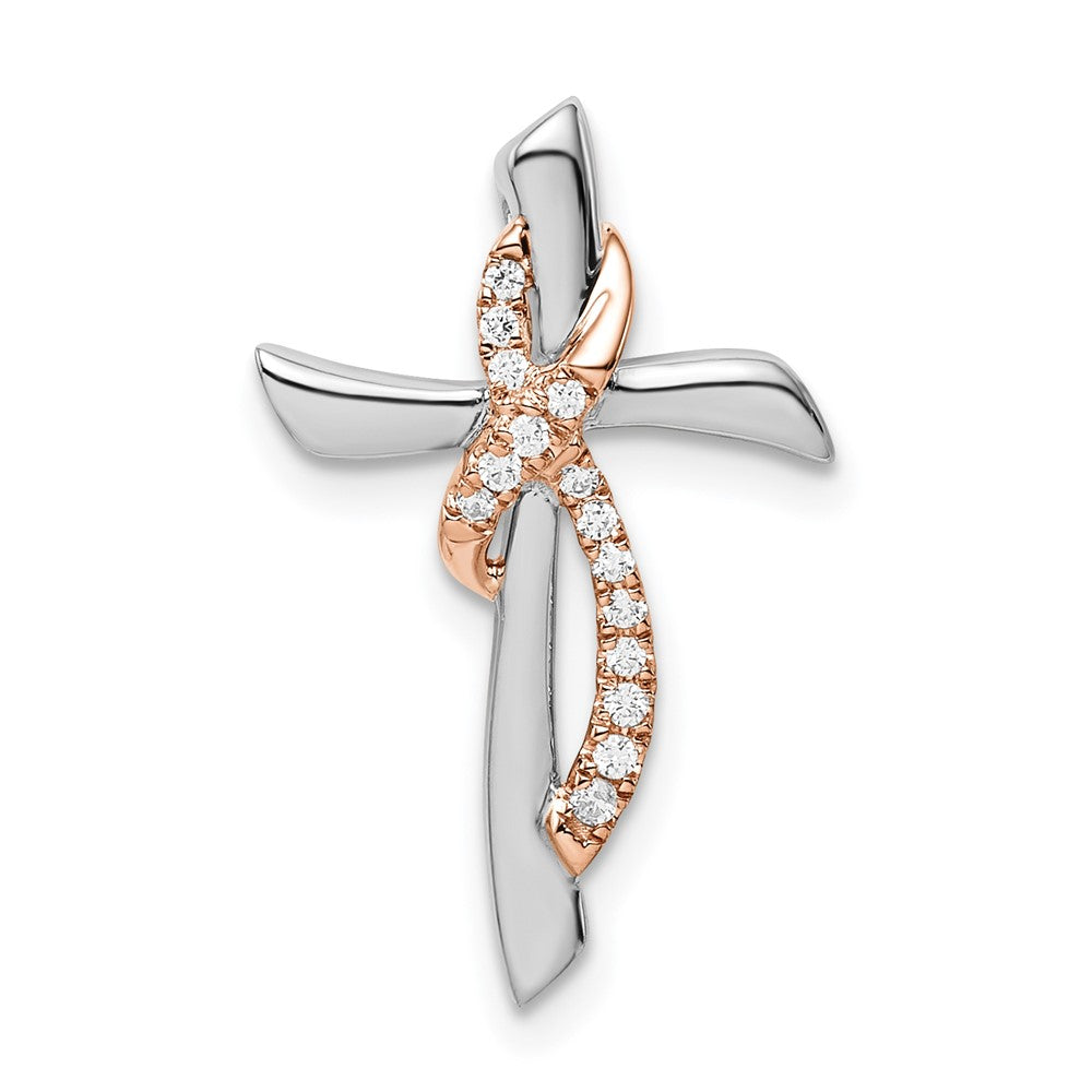 14K Bicolor Gold Weiß & Rose Kreuz mit Schleife Echt Diamant Kette Anhänger