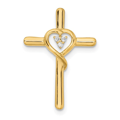 14K Gelbgold Poliert Kreuz mit Herz Echt Diamant Kette Anhänger