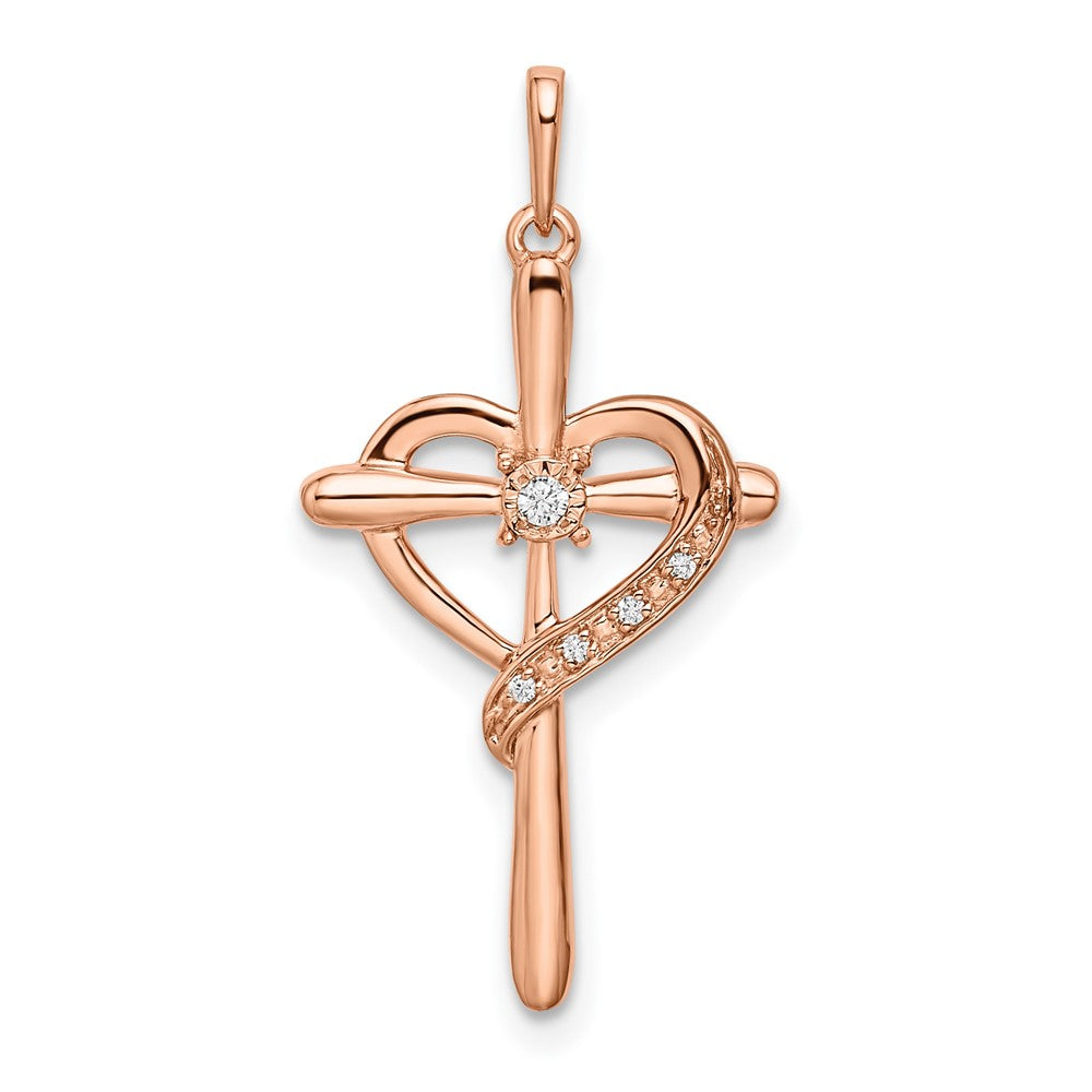14k Roségold Kreuz-Anhänger mit Herz und echtem Diamant