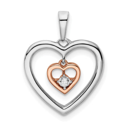 14k Bicolor-Gold Weiß und Rosé Doppelherz-Anhänger mit echten Diamanten
