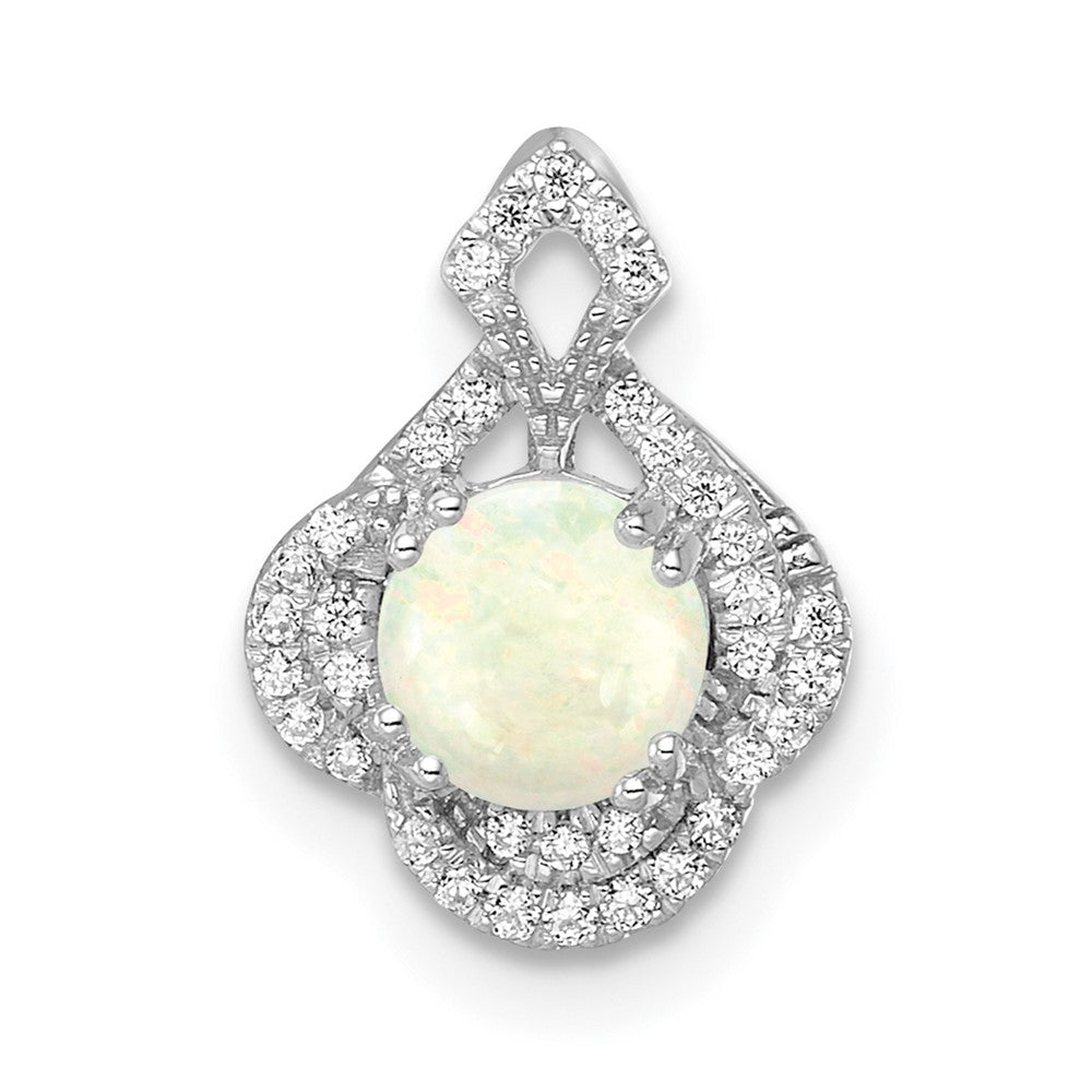 14K Weißgold Poliert Oval Opal & Echt Diamant Vintage Kette Anhänger