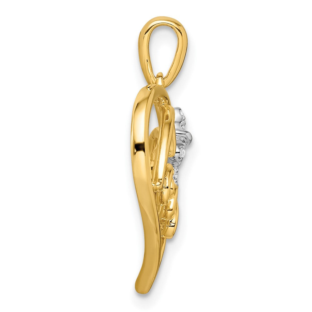 14K Bicolor Gold Polierter Herzanhänger mit Schleife und echtem Diamant