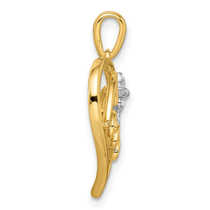 14K Bicolor Gold Polierter Herzanhänger mit Schleife und echtem Diamant