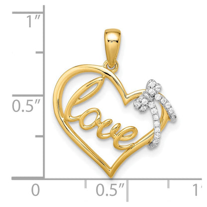 14K Bicolor Gold Polierter Herzanhänger mit Schleife und echtem Diamant