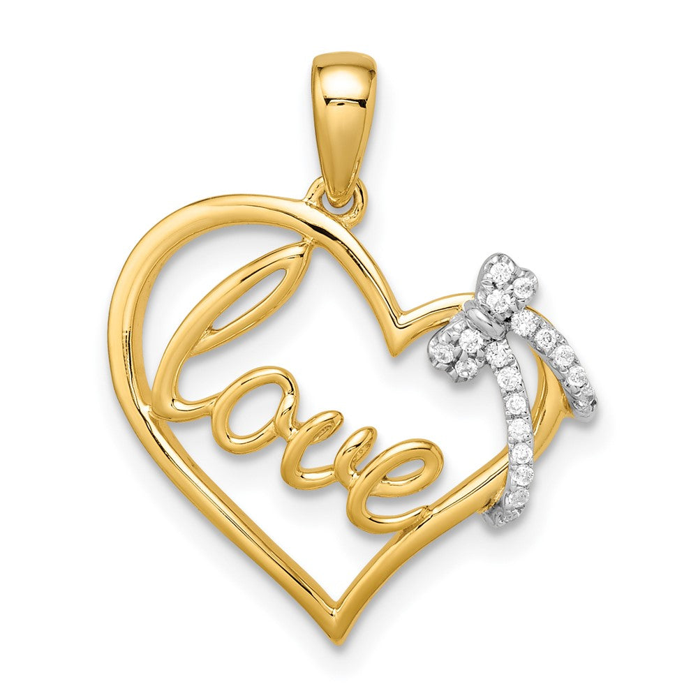 14K Bicolor Gold Polierter Herzanhänger mit Schleife und echtem Diamant