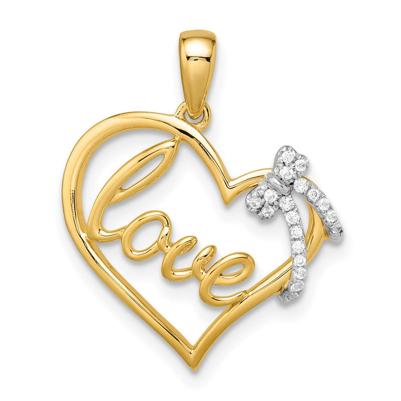 14K Bicolor Gold Polierter Herzanhänger mit Schleife und echtem Diamant