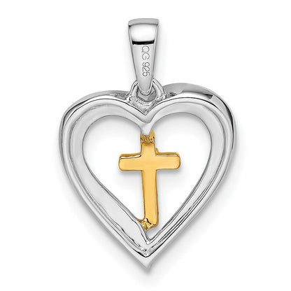 14K Bicolor-Gold Herz-Anhänger mit Kreuz und echten Diamanten