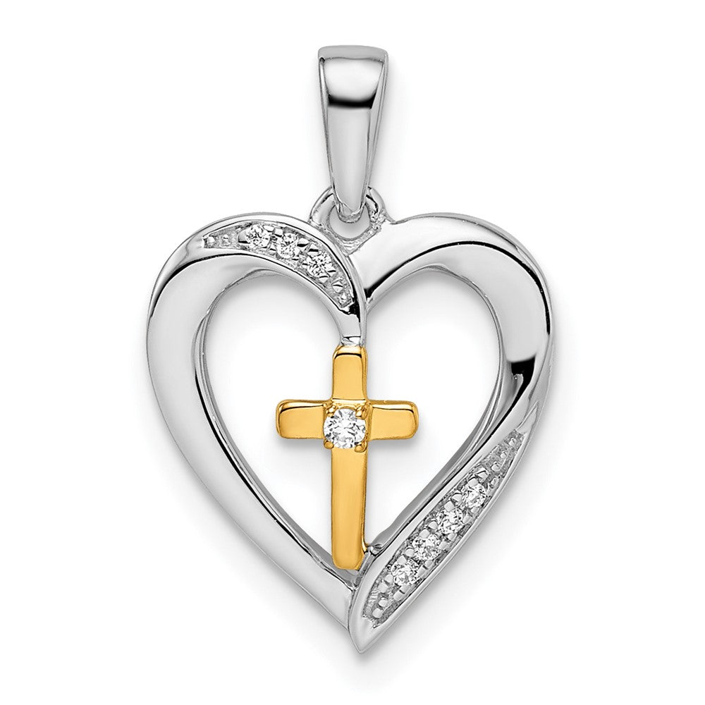 14K Bicolor-Gold Herz-Anhänger mit Kreuz und echten Diamanten