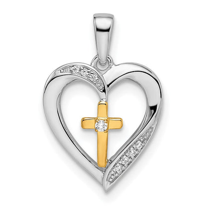 14K Bicolor-Gold Herz-Anhänger mit Kreuz und echten Diamanten