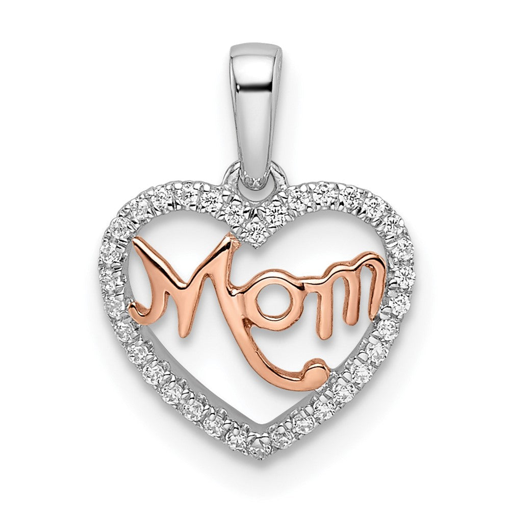 14K Bicolor Gold Herz-Anhänger „Mom“ mit echten Diamanten in Weiß und Rosé