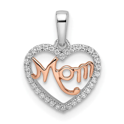 14K Bicolor Gold Herz-Anhänger „Mom“ mit echten Diamanten in Weiß und Rosé