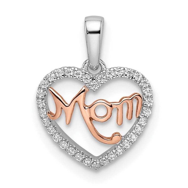 14K Bicolor Gold Herz-Anhänger „Mom“ mit echten Diamanten in Weiß und Rosé