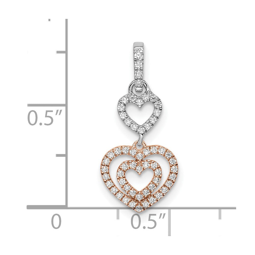 14K Bicolor-Gold Weiß- und Roségold Herzen Dangle Anhänger mit echtem Diamant