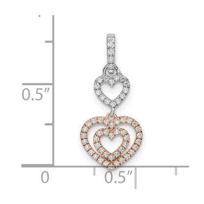 14K Bicolor-Gold Weiß- und Roségold Herzen Dangle Anhänger mit echtem Diamant