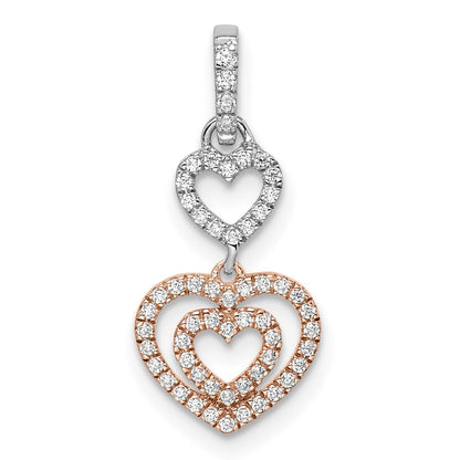 14K Bicolor-Gold Weiß- und Roségold Herzen Dangle Anhänger mit echtem Diamant