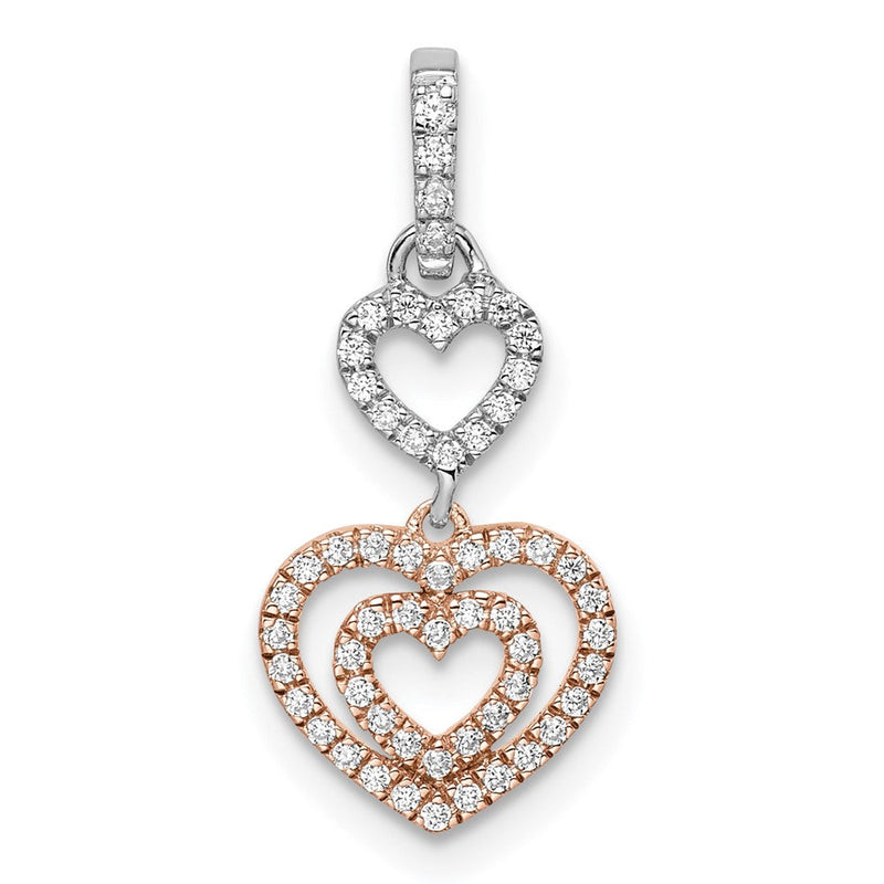 14K Bicolor-Gold Weiß- und Roségold Herzen Dangle Anhänger mit echtem Diamant