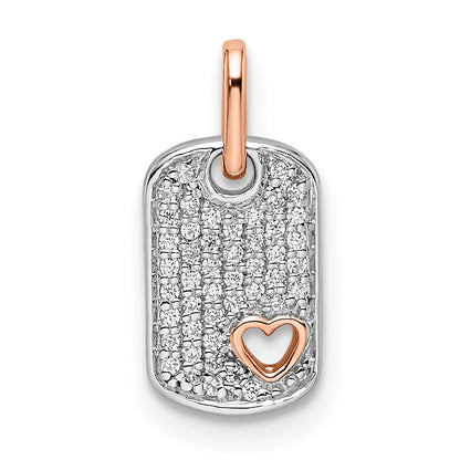 14k Two-Tone Gold White and Rose Small Dog Tag w/Heart Real Diamant Pendant