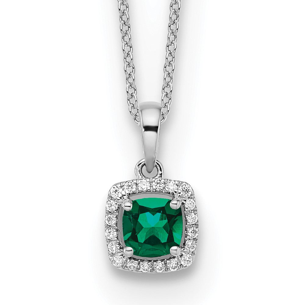 14k Weißgold Anhänger-Halskette mit 0,10 ct. im Labor gezüchtetem Diamant VS/SI+ G+ und synthetischem Smaragd, 18 Zoll