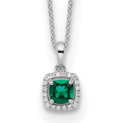 14k Weißgold Anhänger-Halskette mit 0,10 ct. im Labor gezüchtetem Diamant VS/SI+ G+ und synthetischem Smaragd, 18 Zoll