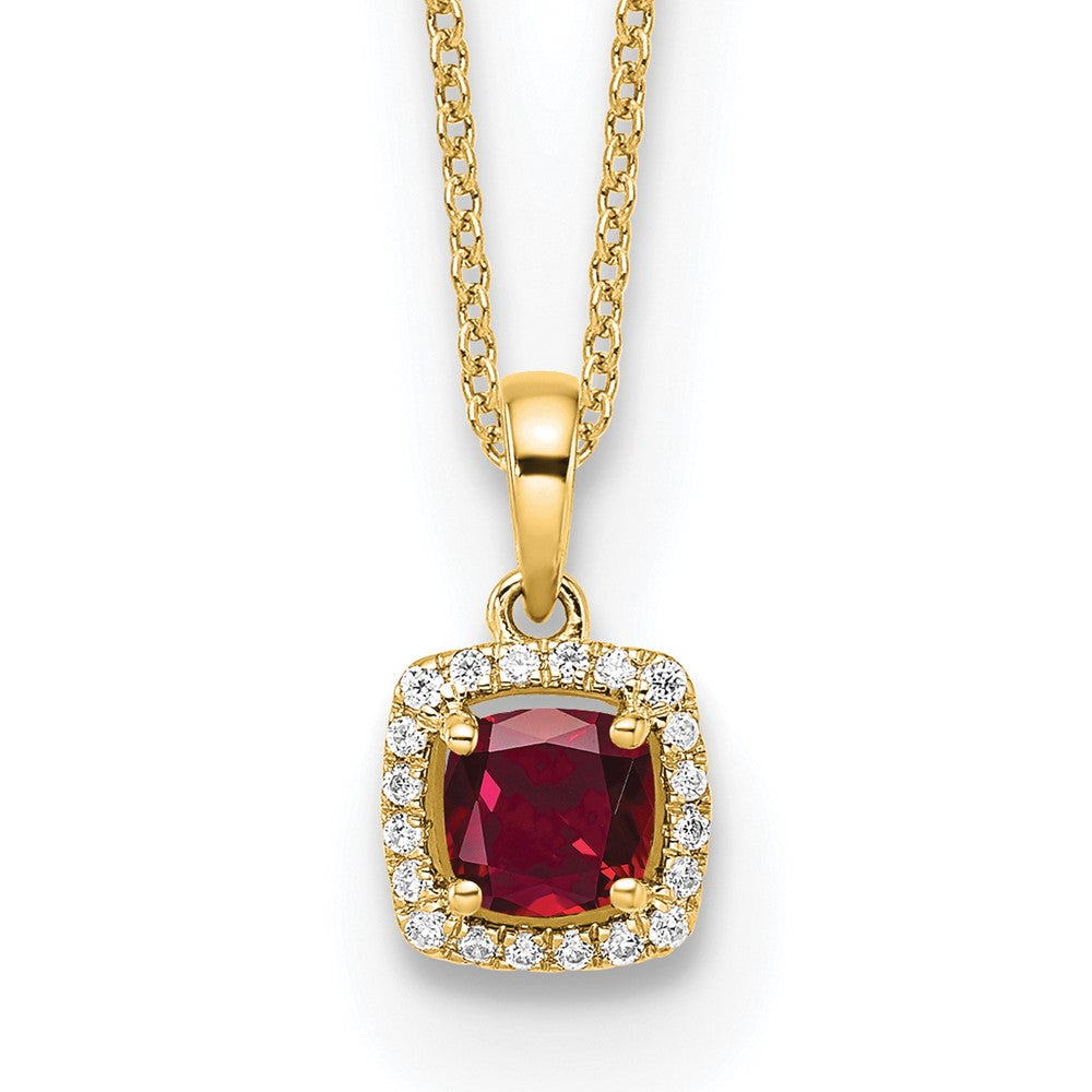 14 Karat Gelbgold Anhänger-Halskette mit 0,10 ct. Labor gezüchtetem Diamant VS/SI+ G+ und Zuchtrubin, 18 Zoll