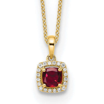 14 Karat Gelbgold Anhänger-Halskette mit 0,10 ct. Labor gezüchtetem Diamant VS/SI+ G+ und Zuchtrubin, 18 Zoll