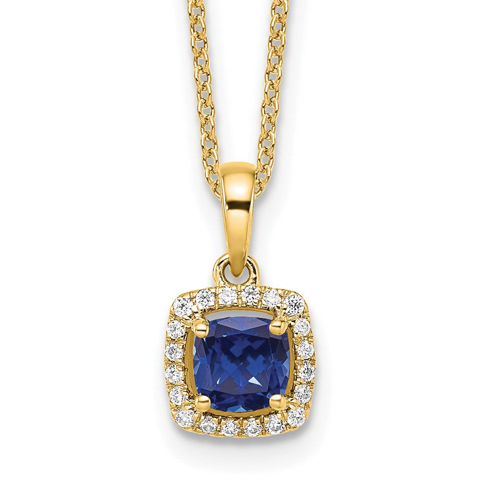 10K Gelbgold 0,10 ct. Laborgezüchteter Diamant VS/SI+ G+ und Synthetischer Saphir Anhänger-Halskette, 18 Zoll