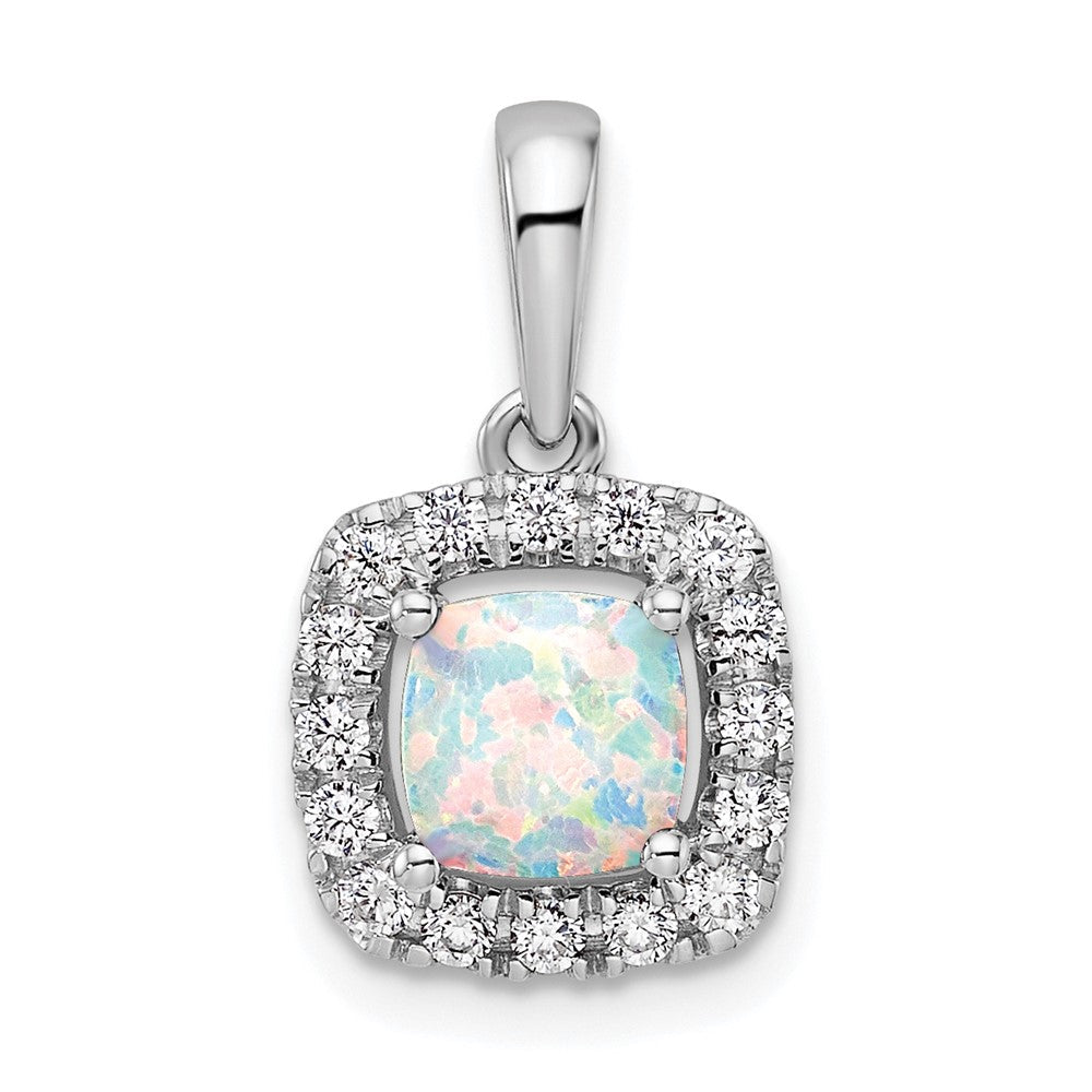 14K Weißgold Halo-Anhänger mit 0,25 ct. laborgezüchtetem Diamant VS/SI+ G+ und laborgezüchtetem Opal, Oktober-Geburtsstein