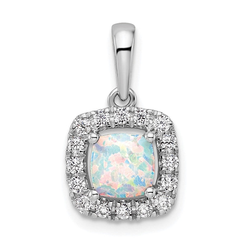 14K Weißgold Halo-Anhänger mit 0,25 ct. laborgezüchtetem Diamant VS/SI+ G+ und laborgezüchtetem Opal, Oktober-Geburtsstein