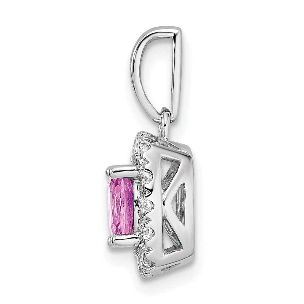 14K Weißgold Halo-Anhänger mit 0,25 ct. laborgezüchtetem Diamant VS/SI+ G+ und laborgezüchtetem Pink-Saphir Oktober-Geburtsstein