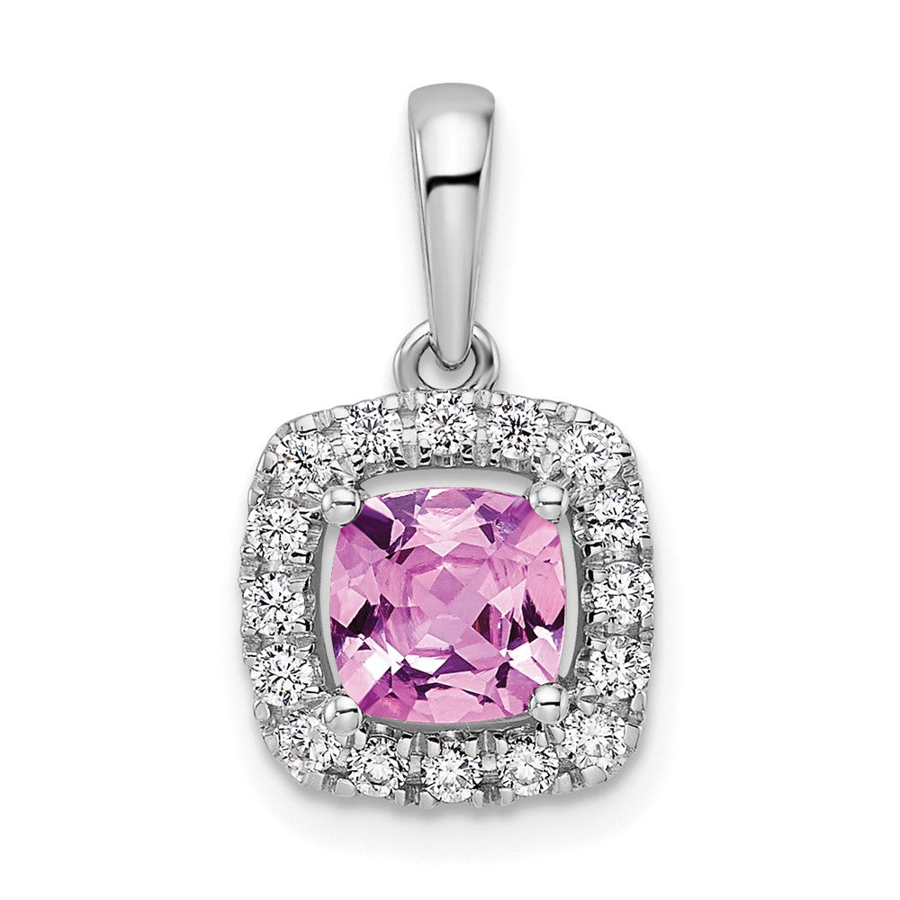 14K Weißgold Halo-Anhänger mit 0,25 ct. laborgezüchtetem Diamant VS/SI+ G+ und laborgezüchtetem Pink-Saphir Oktober-Geburtsstein