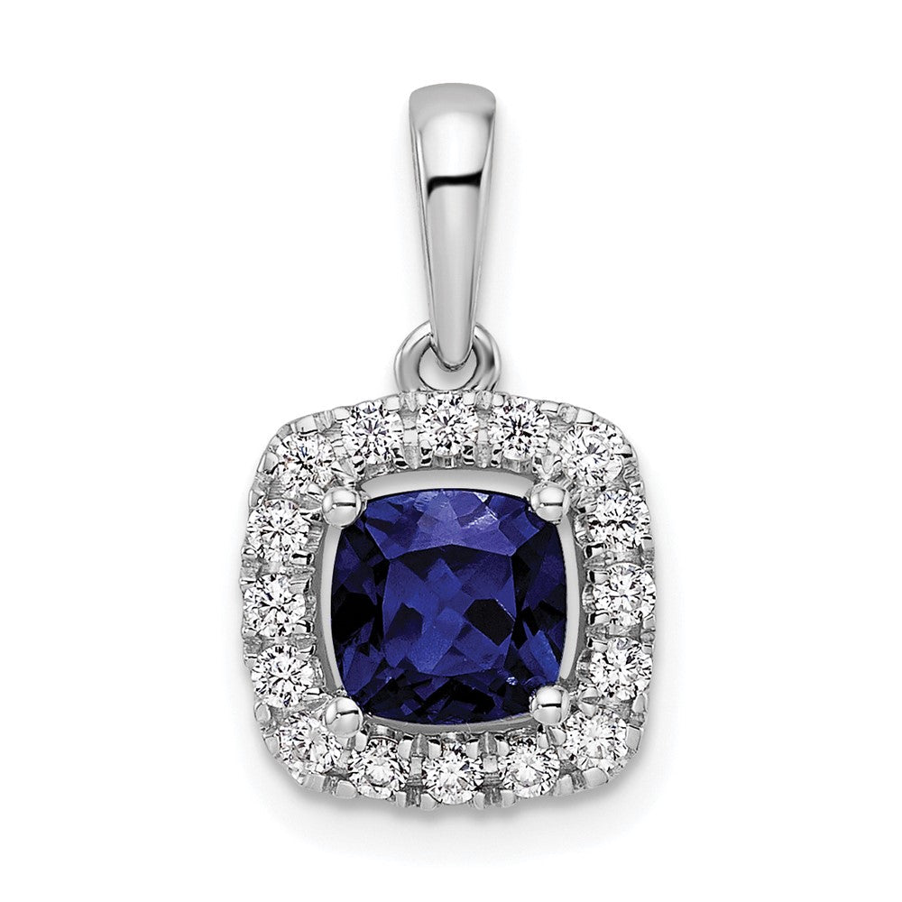 14K Weißgold Halo-Anhänger mit 0,25 ct. im Labor gezüchtetem Diamant VS/SI+ G+ und im Labor gezüchtetem Blauen Saphir – September-Geburtsstein