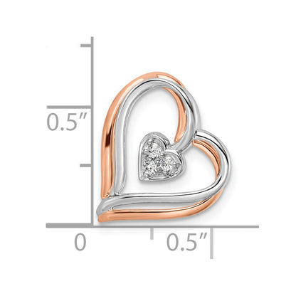 14K Zweifarbiger Zweiton Rosé- und Weißgold Anhänger mit 0,05 ct. gezüchtetem Diamant VS/SI+ G+, doppelt gerahmtes Herz, Kettengleitanhänger