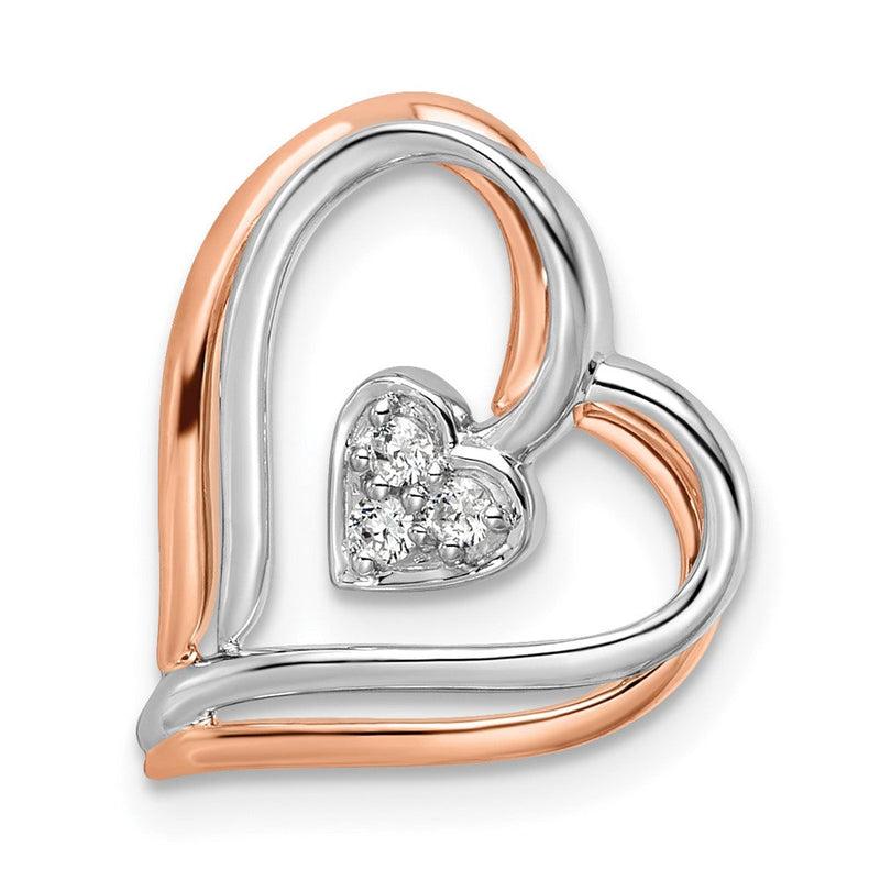 14K Zweifarbiger Zweiton Rosé- und Weißgold Anhänger mit 0,05 ct. gezüchtetem Diamant VS/SI+ G+, doppelt gerahmtes Herz, Kettengleitanhänger