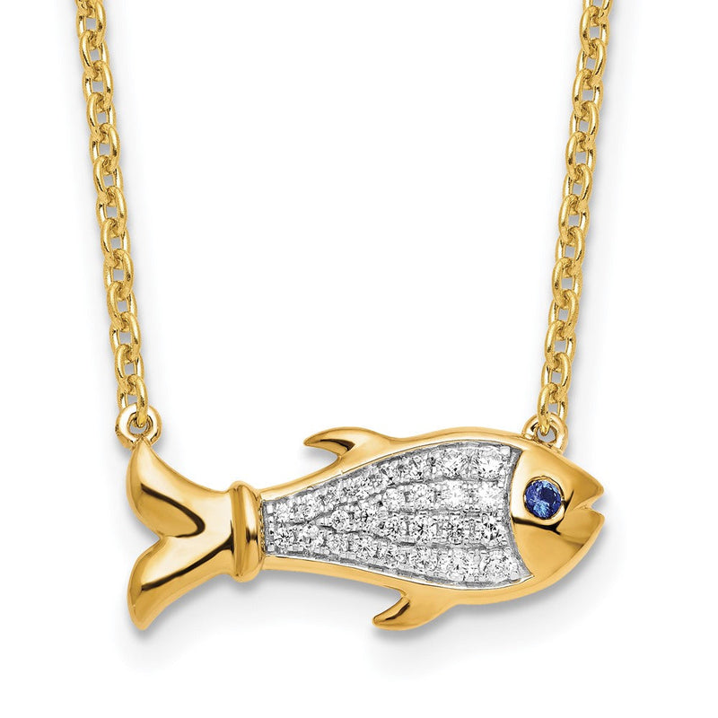 14K Gelbgold 1/6 Ct. Im Labor Gezüchtet Diamant Vs/si+ G+ und Erzeugt Saphir Fisch 18 Zoll Halskette